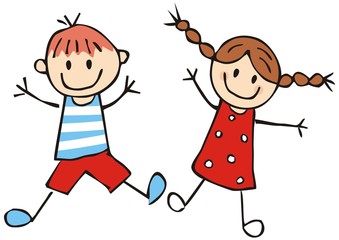 Two happy preschool kids, little girl and boy, funny vector illustration