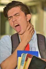 Diverse Boy Student Choking With Notebooks