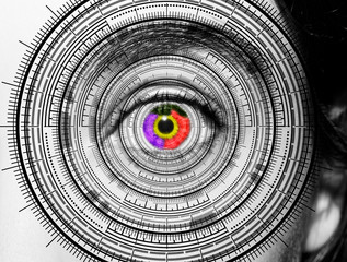 Abstract eye with digital circle. Futuristic vision science and identification concept 
