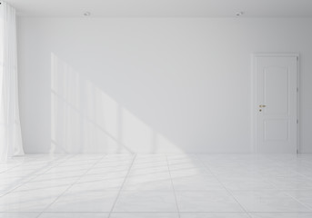 Empty room with whitewashed floating laminate flooring and newly painted white wall in background. 3d rendering