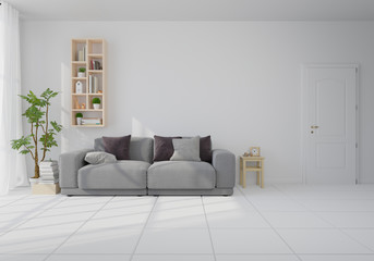 Interior mock up with gray velvet sofa in living room with white wall. 3D rendering.