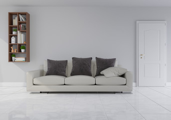 Interior mock up with gray velvet sofa in living room with white wall. 3D rendering.