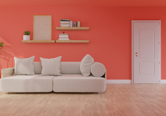 Modern living room interior with sofa on living coral color of the Year 2019,3d rendering