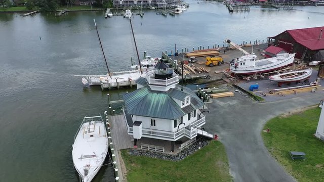 Aerial footage of the wooden historic lighthouse on the Chesapeake Bay in St. Micheals Maryland USA