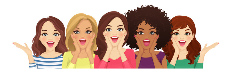 Portrait of surprised mixed race women with open mouth isolated vector illustration