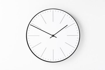 Round wall clock on white background. Minimal creativity concept