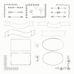 Vector illustration with hand drawn doodle elements: frames, borders, tapes, arrows, flowers isolated on white background. Set for notebook, diary or Bullet journal.