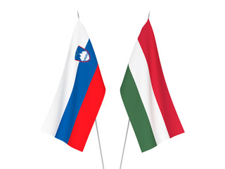 National fabric flags of Slovenia and Hungary isolated on white background. 3d rendering illustration.