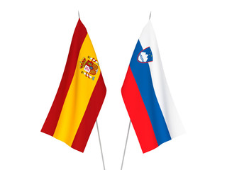 Obraz premium National fabric flags of Slovenia and Spain isolated on white background. 3d rendering illustration.