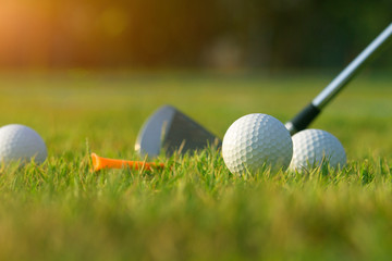 Golf balls and golf clubs as well as equipment used to play golf on green grass