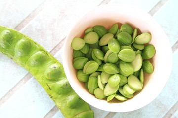 Petai or Sataw of the genus, Parkia Speciosa seeds on table