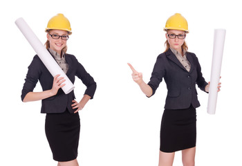 Female architect with blueprint isolated in white 