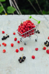 Mini shopping basket full of fresh red ripe raspberry and blackberry on vintage background