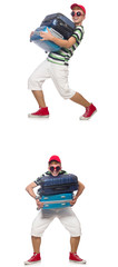 Young man with heavy suitcases isolated on white 