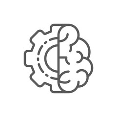 Brain with gear wheel, engineer mind, intellect line icon.