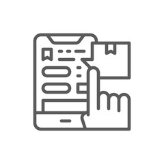 Tracking parcel in application, delivery app line icon.