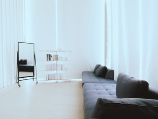 Thailand. on 24/04/2019. Available white and black concept living room with smooth light and book shelf.