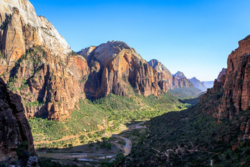 Angels Landing is a  rock formation in Zion National Park in southwestern Utah in the United States.It’s steep and very narrow trail for advanced hikers. View of Angels Landing trails