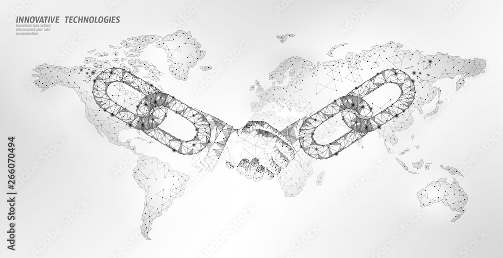Poster blockchain technology agreement handshake business concept low poly. polygonal point line geometric 