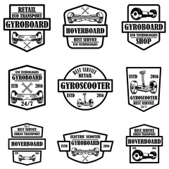 Set of gyro scooter emblems. Design elements for logo, label, sign, poster, card.