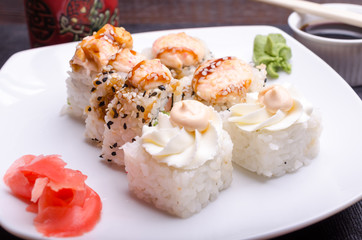 Japanese food. Portion of Sushi rolls.