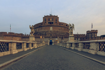 Castle Sant Angelo with the Aurelius bridge in the center of the historic city of Rome. Historical...