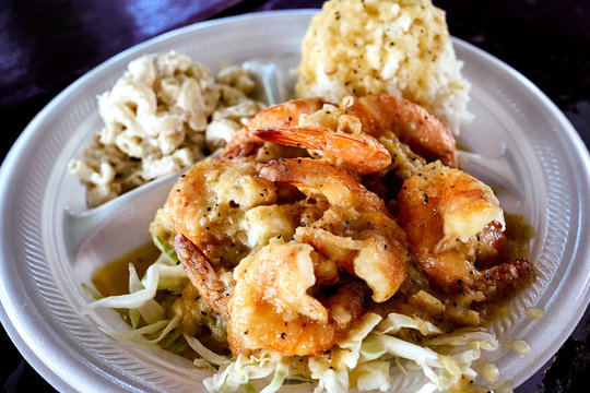 A dish of  shrimp and rice, one of the famous menu from the local food truck at O'ahu, Hawaii, USA.