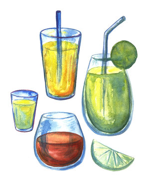 Cocktail drink summer orange lime green watercolor hand drawn