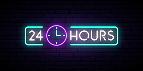 Neon sign 24 hours. Glowing shining design element for Club, Bar, Cafe. Vector banner.