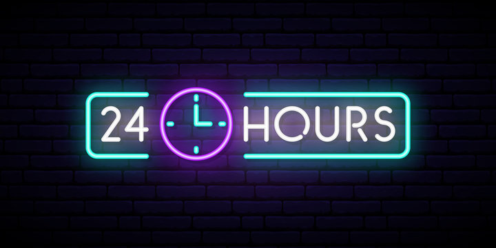 Neon sign 24 hours. Glowing shining design element for Club, Bar, Cafe. Vector banner.