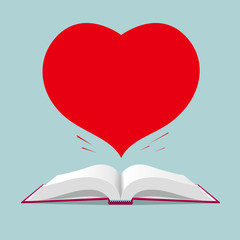 Heart shaped symbol in the book. Isolated on blue background.