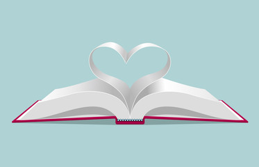 The heart symbol formed by the book page. Isolated on blue background.