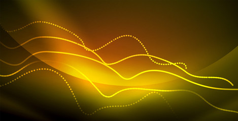 Glowing abstract wave on dark, shiny motion, magic space light. Techno abstract background