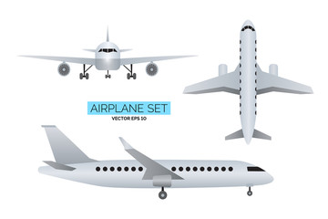 Set of airplanes front, side and from above views