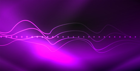 Glowing abstract wave on dark, shiny motion, magic space light. Techno abstract background