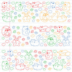 Vector set of beautiful round icons icons in doodle style. Painted, colorful, pictures on a piece of linear paper on white background.