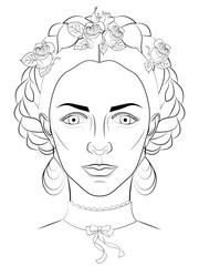 black and white illustration of a girl with a traditional Mexican hairstyle for self-coloring