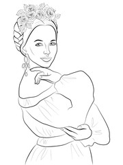 black and white illustration of a girl with a traditional Mexican hairstyle for self-coloring