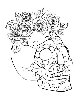 black-and-white illustration with the image of a skull, the symbol of the traditional Mexican holiday day of the dead and Day of angels