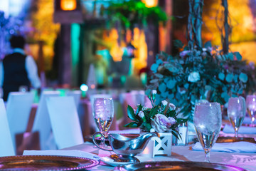 Elegant Plates and Crystal Wine Glasses set at Long Tables during an Event with Purple lighting
