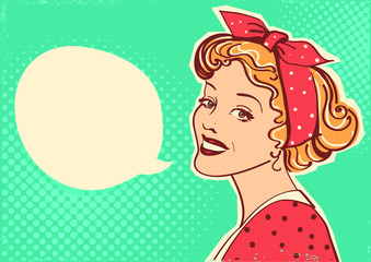 Young retro woman portrait with speach bubble for text.Vector illustration pop art background for design