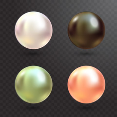 Realistic varicoloured pearls vector set on transparent background. Precious pearl in sphere form. Pearl is luxury glossy stone illustration