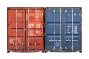 The concept of  export-import and national delivery of goods. Close-up of the red and blue container on white isolated background.