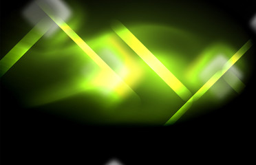 Neon square and line lights on dark background with blurred effects