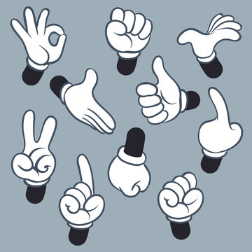 Cartoon arms. Various hands with different gesture, doodle gloved pointing hands, human point arm. Vintage vector illustration set