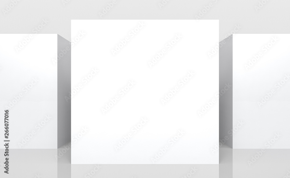 Aufkleber 3d rendering. empty white mock up board of square cube box side stack wall background.