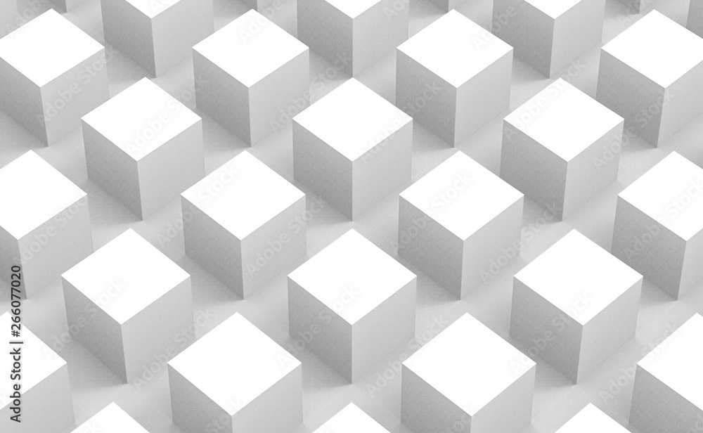 Poster 3d rendering. perspective view of modern abstract white square cube box bar stack wall design backgr