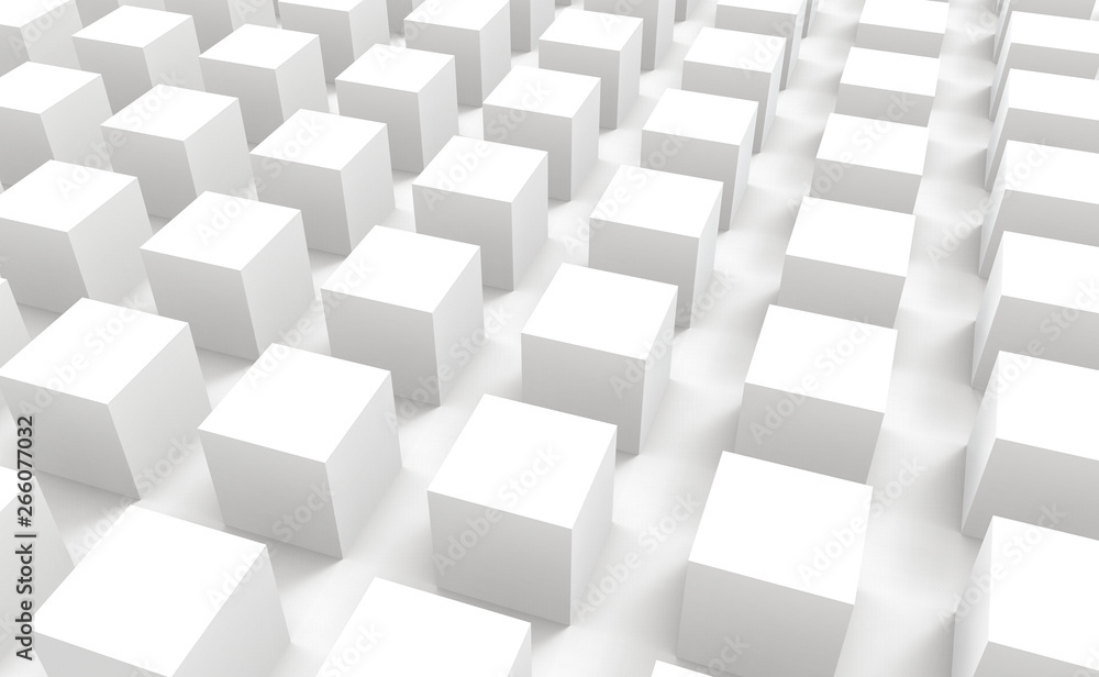Poster 3d rendering. perspective view of modern abstract white square cube box bar stack wall design backgr