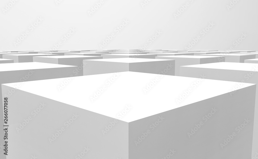 Poster 3d rendering. perspective view of modern abstract white square cube box bar stack wall design backgr