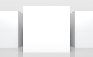 3d rendering. empty white mock up board of square cube box side stack wall background.